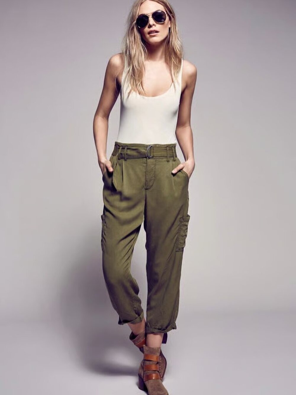 Free People Summers Over Belted Cargo Pants Stretch High Rise Trousers Green 4